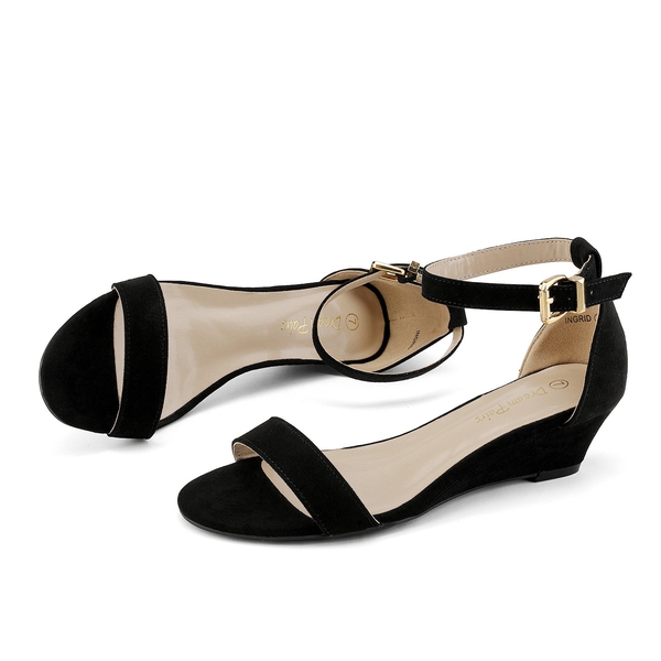 Ankle Strap Low Wedge Heel Sandals - BLACK SUEDE - 3